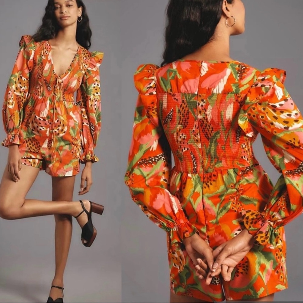 FARM Rio 🆕 Anthropologie Tropical FLOWERFUL Long Sleeve Ruffle Smocked Romper -S
